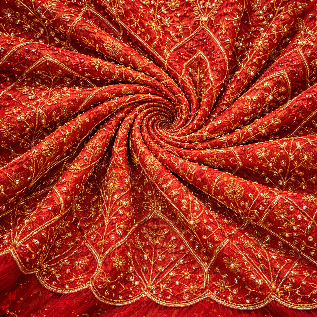 Red Embroidered Sequin Net Lace Fabric